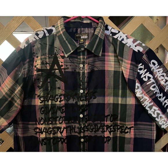 ATTITUDE PLAID Graffiti Print Plaid Button Down Shirt Men's 2XL - Picture 10 of 14